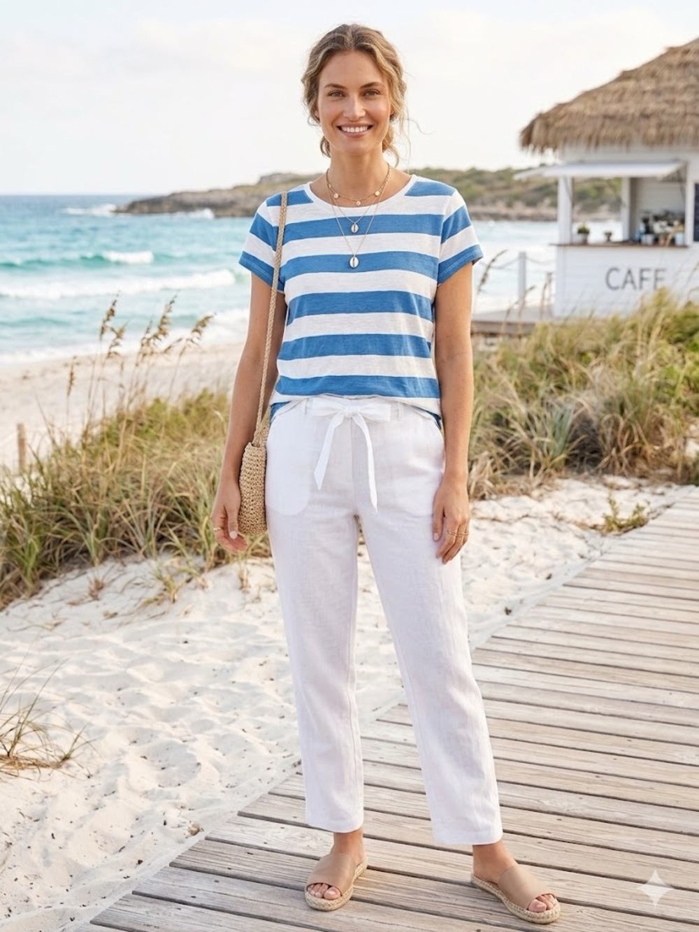 SONOMA Blue and White Striped Short Sleeve Tee Size L Coastal